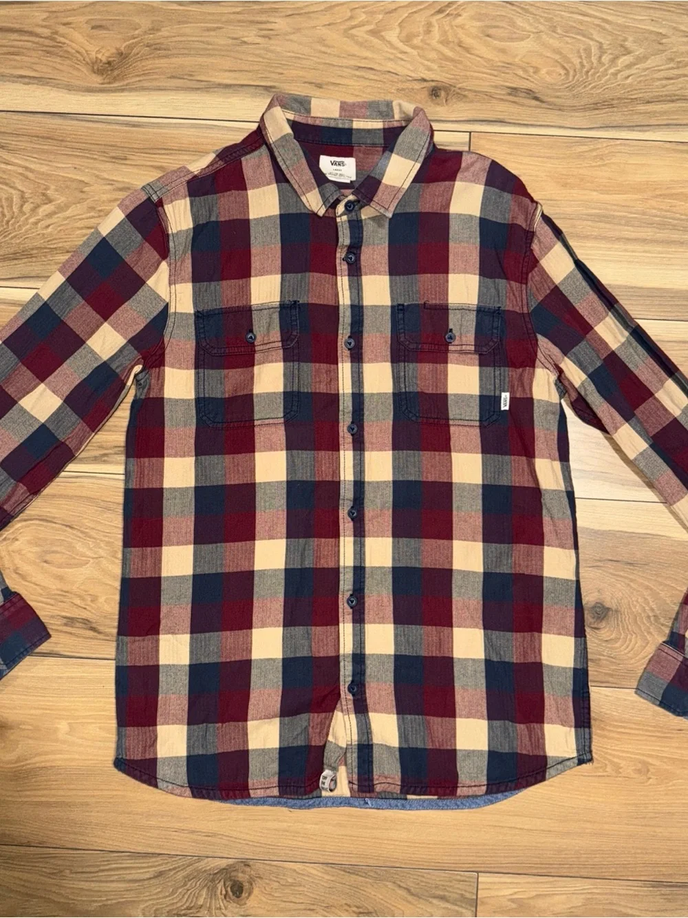 Vans Off The Wall Plaid Checkered Flannel Collared Button Polo Brown Skate sz. L